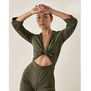 ADAY Womens Destination Jumpsuit XS Wrap Top 3/4 Sleeve Moss Slim Leg Stretch